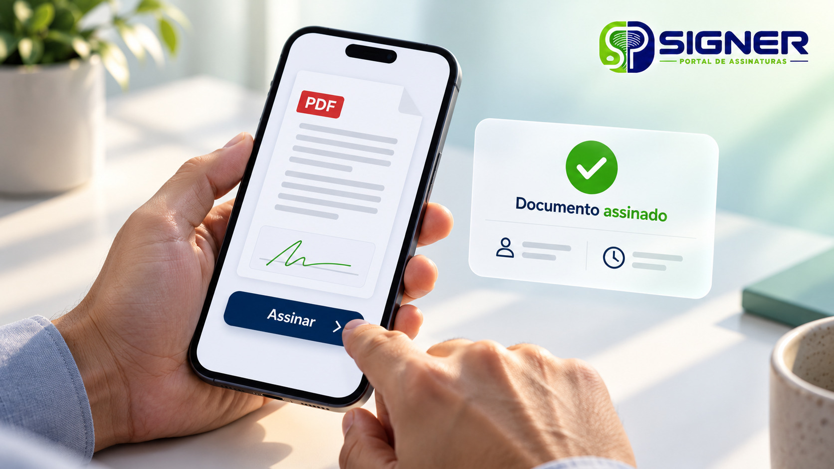 Pessoa assinando um PDF pelo celular, com confirmação de documento assinado e logotipo SP Signer.