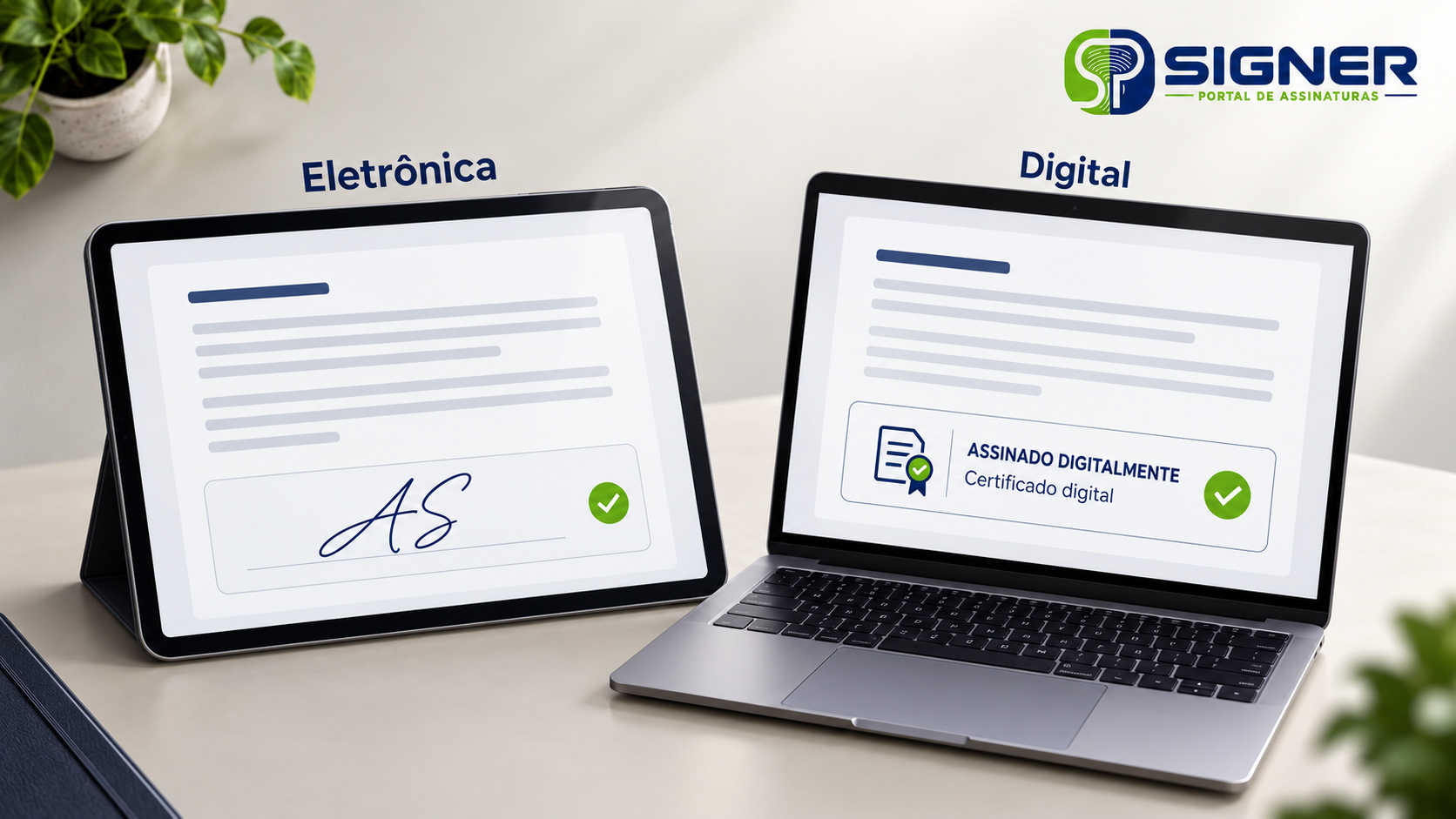 ablet com iniciais manuscritas e notebook com bloco de assinatura por certificado digital, ao lado do logotipo SP Signer.