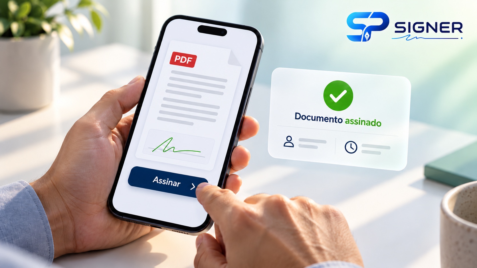 Pessoa assinando um PDF pelo celular, com confirmação de documento assinado e logotipo SP Signer.