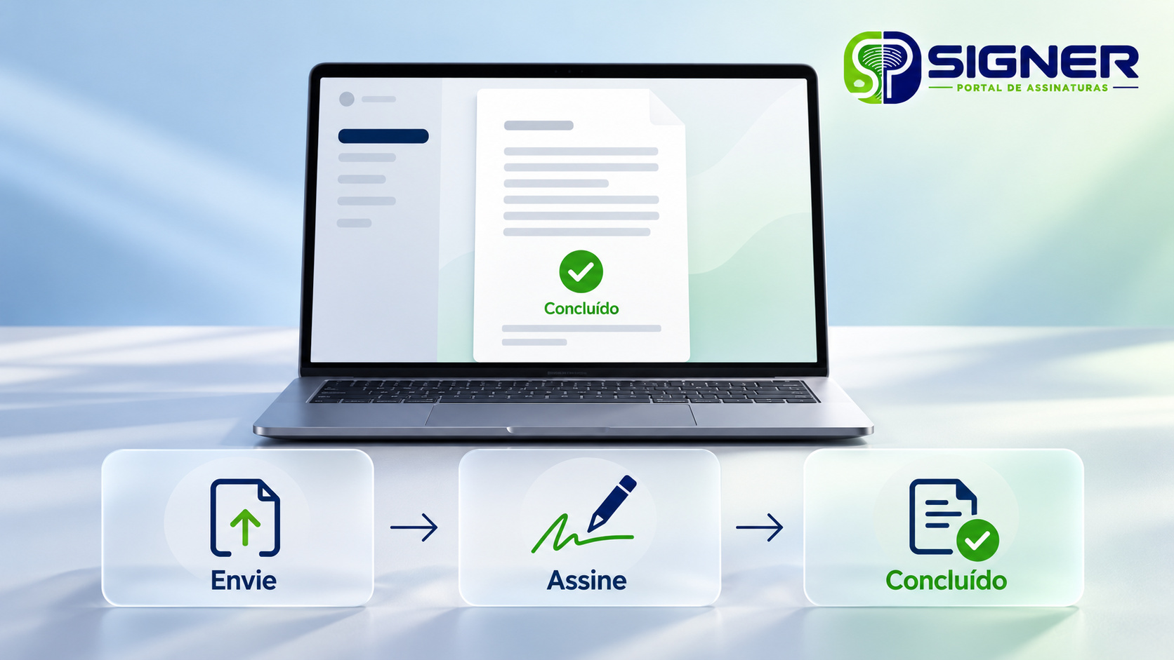 Notebook com documento concluído e ícones das etapas Envie, Assine e Concluído, com logotipo SP Signer