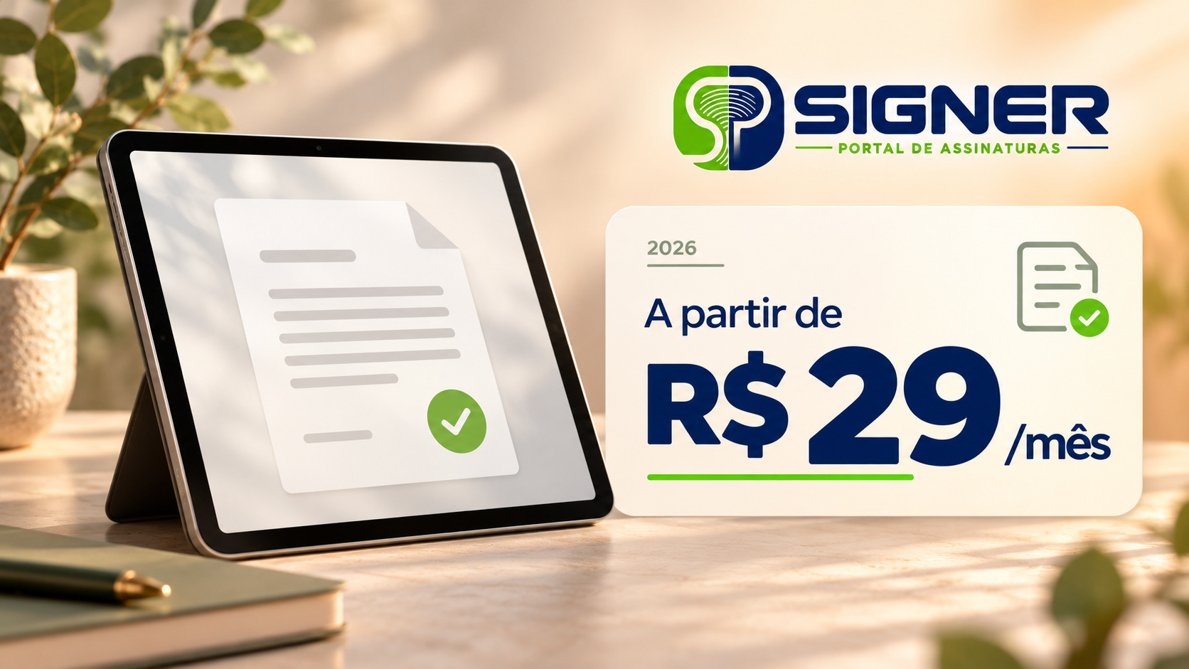 Tablet com documento eletrônico ao lado da oferta “A partir de R$ 29/mês” e do logotipo SP Signer