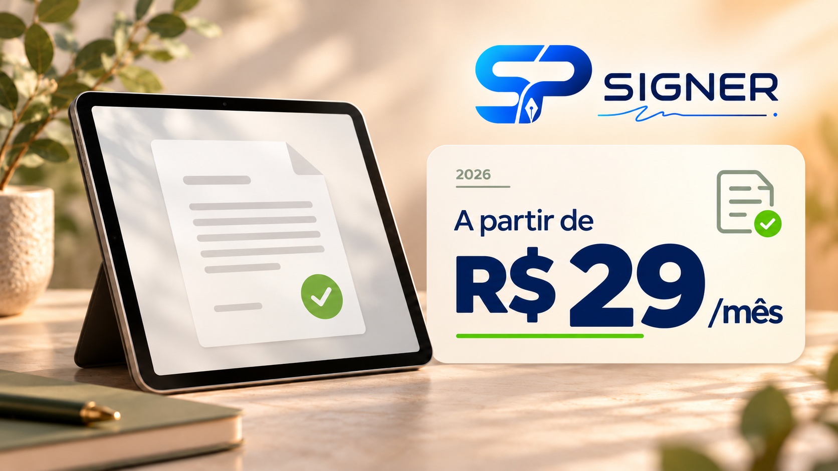 Tablet com documento eletrônico ao lado da oferta “A partir de R$ 29/mês” e do logotipo SP Signer