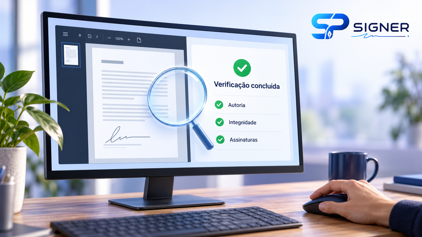 Monitor com documento eletrônico, lupa e painel de verificação de autoria, integridade e assinaturas, com logotipo SP Signer